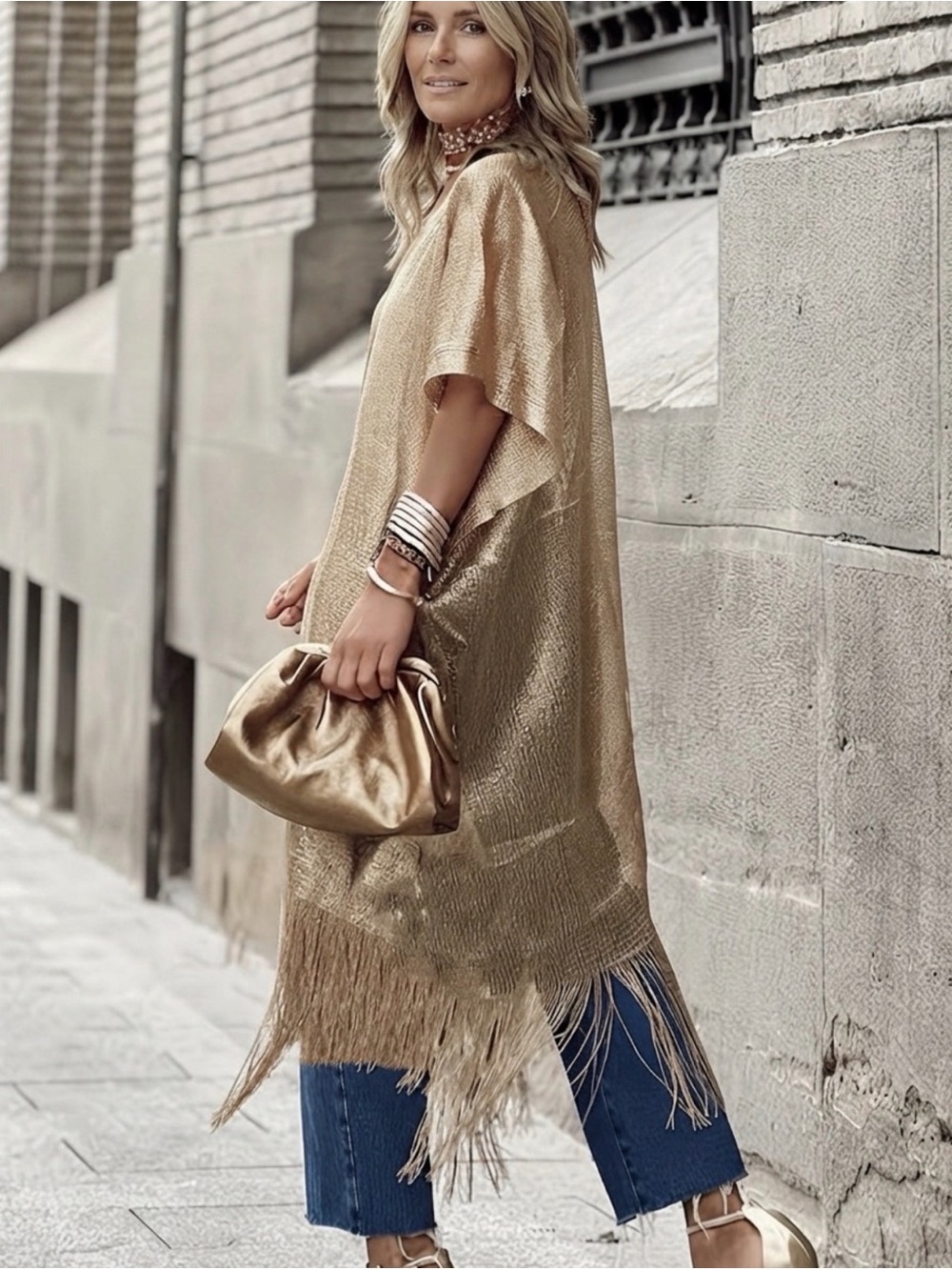 Gold Metallic Fringe Kimono Cardigan Women’s Beach Cover-Up One Size